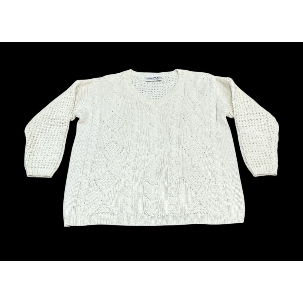 Cut AU Womens Thick Cable Knit Sweater Vintage Old Money Fisherman Ivory Large